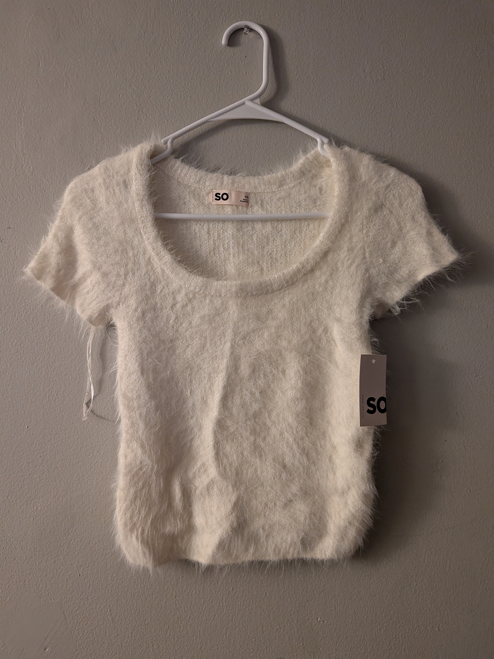SO Creamy Ivory Fuzzy Short Sleeve Scoop Neck Top